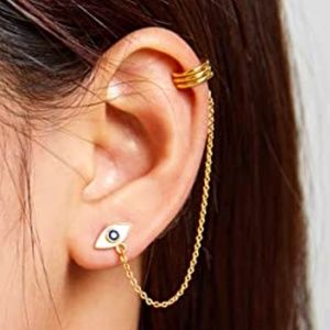 1 PC. EVIL EYE STUD EARRING WITH TASSEL CHAIN CLIMBER EAR CUFF